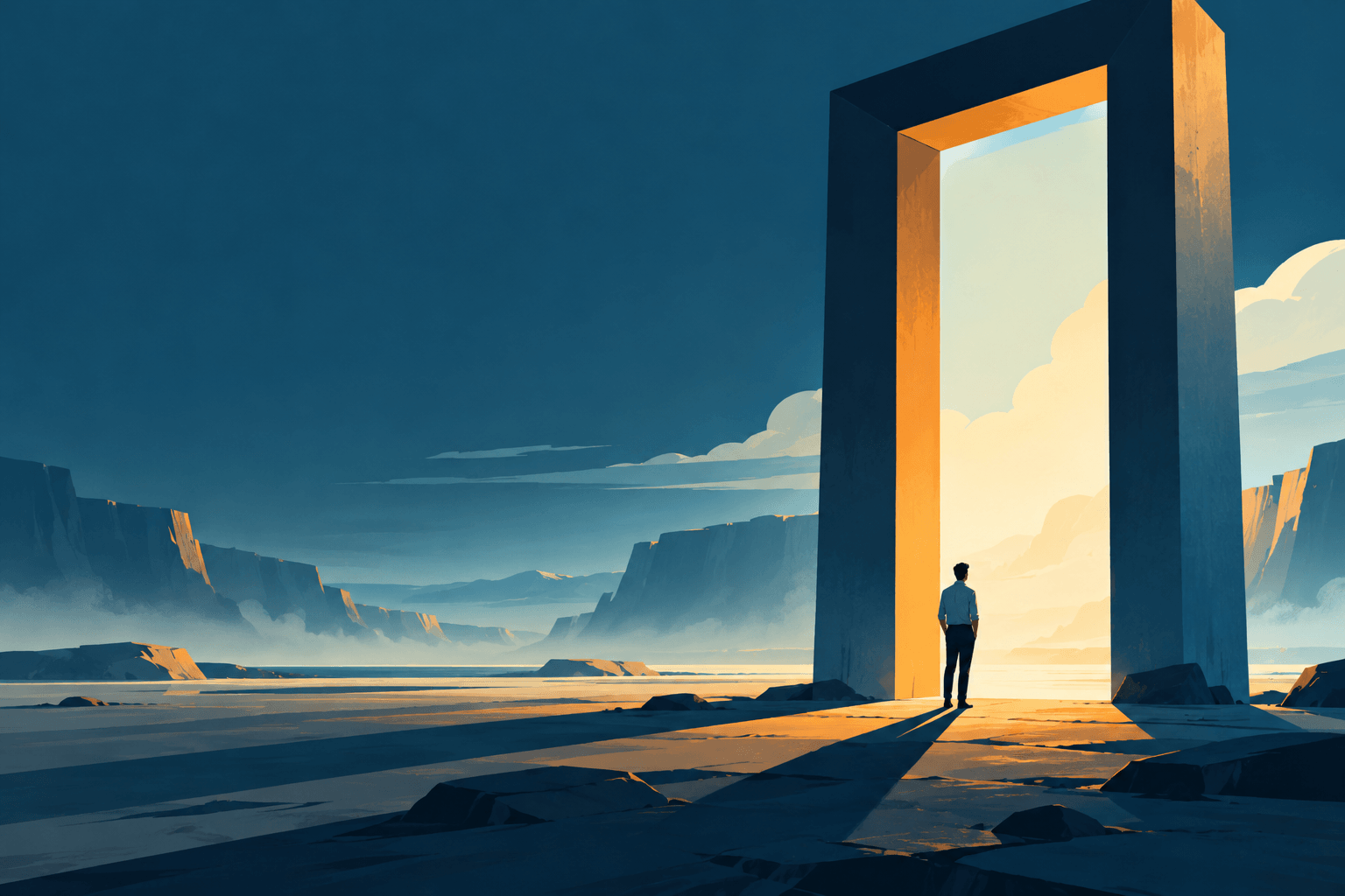 A figure stands before a monumental doorway opening onto a luminous landscape.